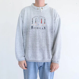 VTG 90S Gray Embroidered Great Lakes Mi Nautical  Light Towers Pull Over Sweater